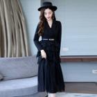 Mock Two-piece Long-sleeve Collared Midi A-line Tiered Dress