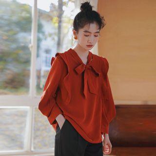 Bow Accent Ruffle Blouse Tangerine Red - One Size