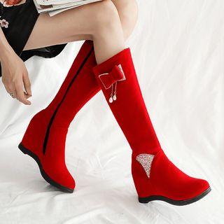 Rhinestone Bow-accent Hidden-wedge Zip Tall Boots