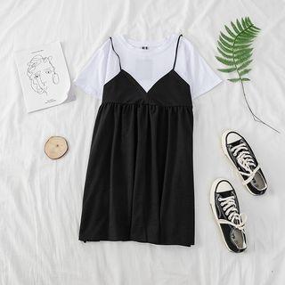 Short-sleeve Mock Two-piece Dress Black - One Size
