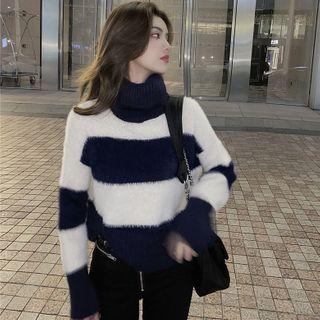 Turtleneck Colorblock Cropped Sweater As Shown In Figure - One Size