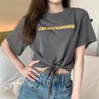 Lettering Tie-waist Elbow-sleeve T-shirt
