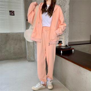 Set: Plain Zip Hoodie Jacket + Label Tag Sweatpants