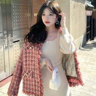 Tassel Trim Tweed Jacket / Cold-shoulder Knit Dress