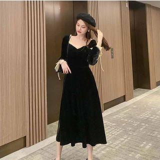 Long-sleeve Tie Accent Frill Trim Velvet Dress