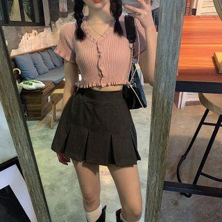Short-sleeve Button-up Knit Top / Mini A-line Skirt