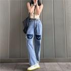 Cartoon Embroidered Distressed Loose Fit Jeans