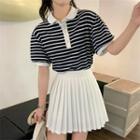 Puff-sleeve Striped Polo Shirt Navy Blue - One Size