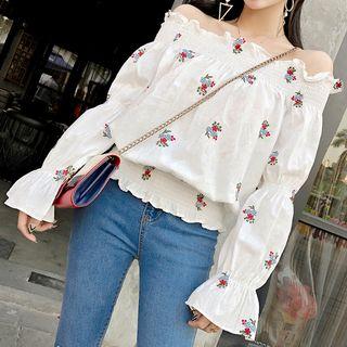 Off-shoulder Embroidered Ruffled Top