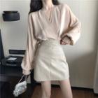 V-neck Lantern-sleeve Blouse / Faux Leather Mini A-line Skirt