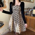 Long-sleeve Flower Print Panel Mini A-line Dress