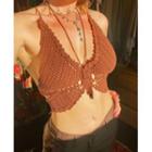 Halter-neck Tie-waist Perforated Knit Top Brown - One Size