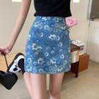 High-waist A-line Floral Denim Semi Skirt