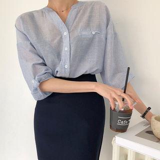 Open-placket Loose-fit Stripe Blouse