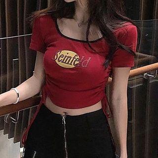 Short-sleeve Drawstring Letter Cropped T-shirt