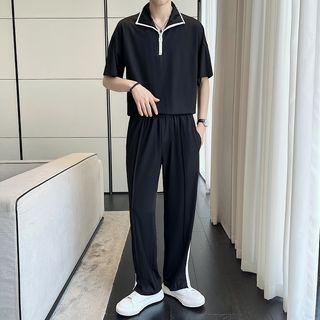 Set: Short-sleeve Contrast Trim Zip Polo Shirt + Loose Fit Pants