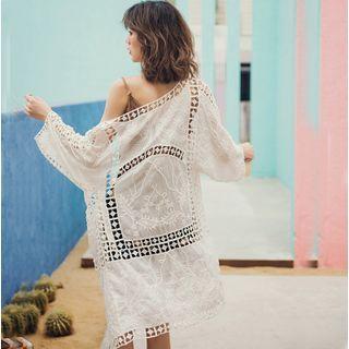 Open Front Eyelet Lace Long Jacket White - One Size