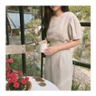 Linen Blend Puff-sleeve Dress With Sash