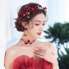 Set: Wedding Flower Headband + Choker + Fringed Earring 1 Piece - Headband & 1 Piece - Choker & 1 Pair - Clip On Earrings - Red - One Size