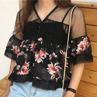 Set: Mesh Panel Floral Print Short-sleeve Top + Camisole Top