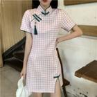 Short-sleeve Tasseled Check Mini Sheath Qipao Dress