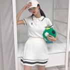 Set: Contrast Trim Short Sleeve Polo Shirt + Pleated Skirt