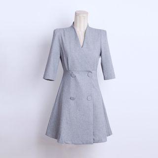 Double-breasted V-neck Elbow-sleeve A-line Dress