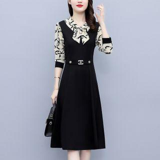 Bow Collar Print Panel Maxi Dress