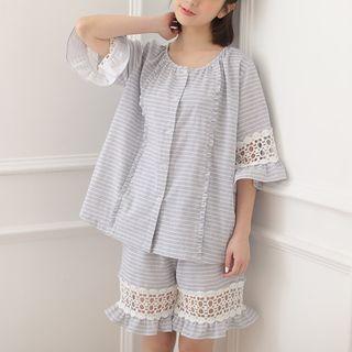 Loungewear Set: Striped Lace Panel Elbow-sleeve Top + Shorts