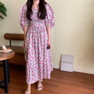 Puff-sleeve Floral Midi A-line Smock Dress