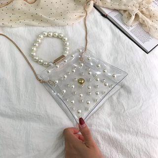 Faux Pearl Strap Pvc Crossbody Bag