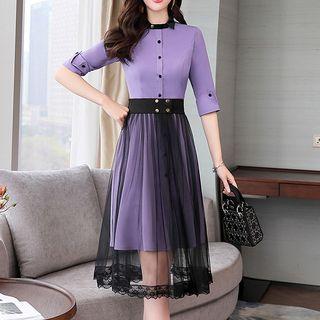 Elbow-sleeve A-line Sheer Panel Dress