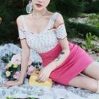 Short-sleeve Off-shoulder Cherry Print Cropped Top / Lace Sleeveless Top