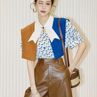 Short Sleeve Color Block Collar Butterfly Print Shirt