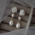 Gold Plated Floral Accent Pearl Drop Earrings