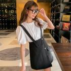 Puff-sleeve Top / Asymmetrical Mini A-line Suspender Skirt