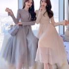 Mesh Panel Knit Midi A-line Dress / Faux Pearl Belt / Set