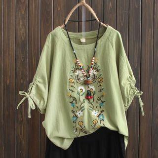 Tie-cuff Floral Embroidered Blouse