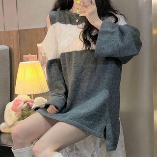Off-shoulder Two-tone Cable-knit Dress Gray - One Size