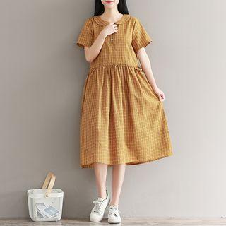 Plaid Short-sleeve A-line Midi Dress