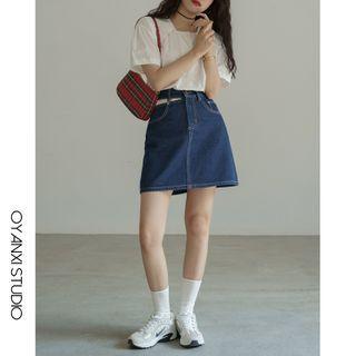 Asymmetric Slit High-waist Denim Mini A-line Skirt