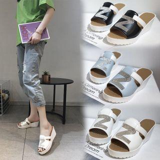 Platform Wedge Heel Rhinestone Lettering Sandals