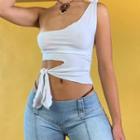 One-shoulder Tie-waist Plain Crop Tank Top