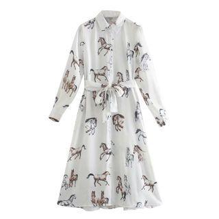 Long-sleeve Horse Print Midi Shirtdress