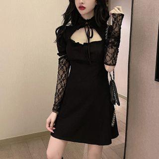 Set: Lace Fingerless Gloves + Short-sleeve Cut-out Mini A-line Dress