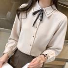 Long-sleeve Embroidered Tie-neck Chiffon Shirt