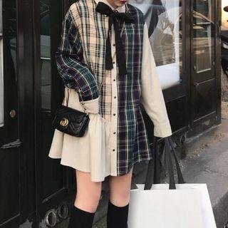 Plaid Panel Mini Shirtdress