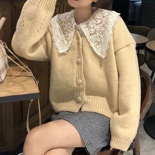 Buttoned Cardigan / Lace Panel Long-sleeve Blouse