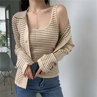 Collared Striped Cardigan / Crop Tank Top