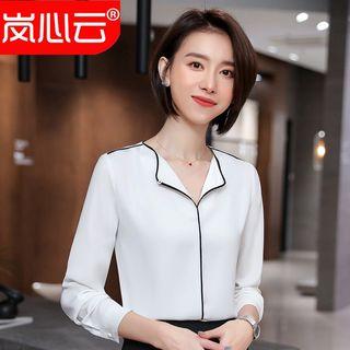 Contrast Trim Blouse / Cropped Dress Pants / Pencil Skirt / Set